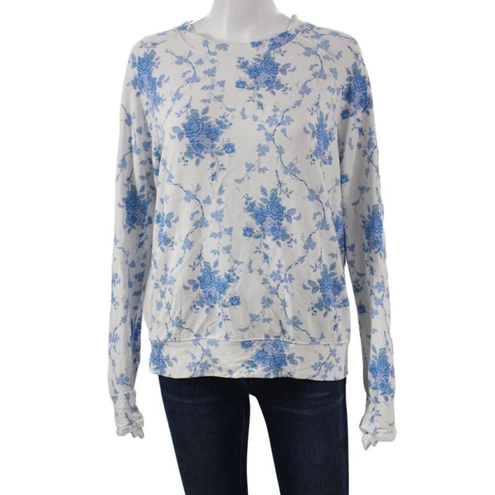 Stripe & Stare Women Pullover White Floral Crew Neck Modal Long Sleeve Size S